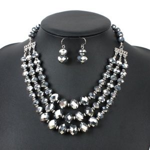 Silver Layered Beaded Necklace and Earring Set